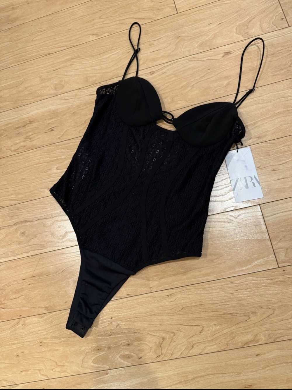 ZARA Black Lace Bodysuit Size S/M • Adjustable Straps • NWT